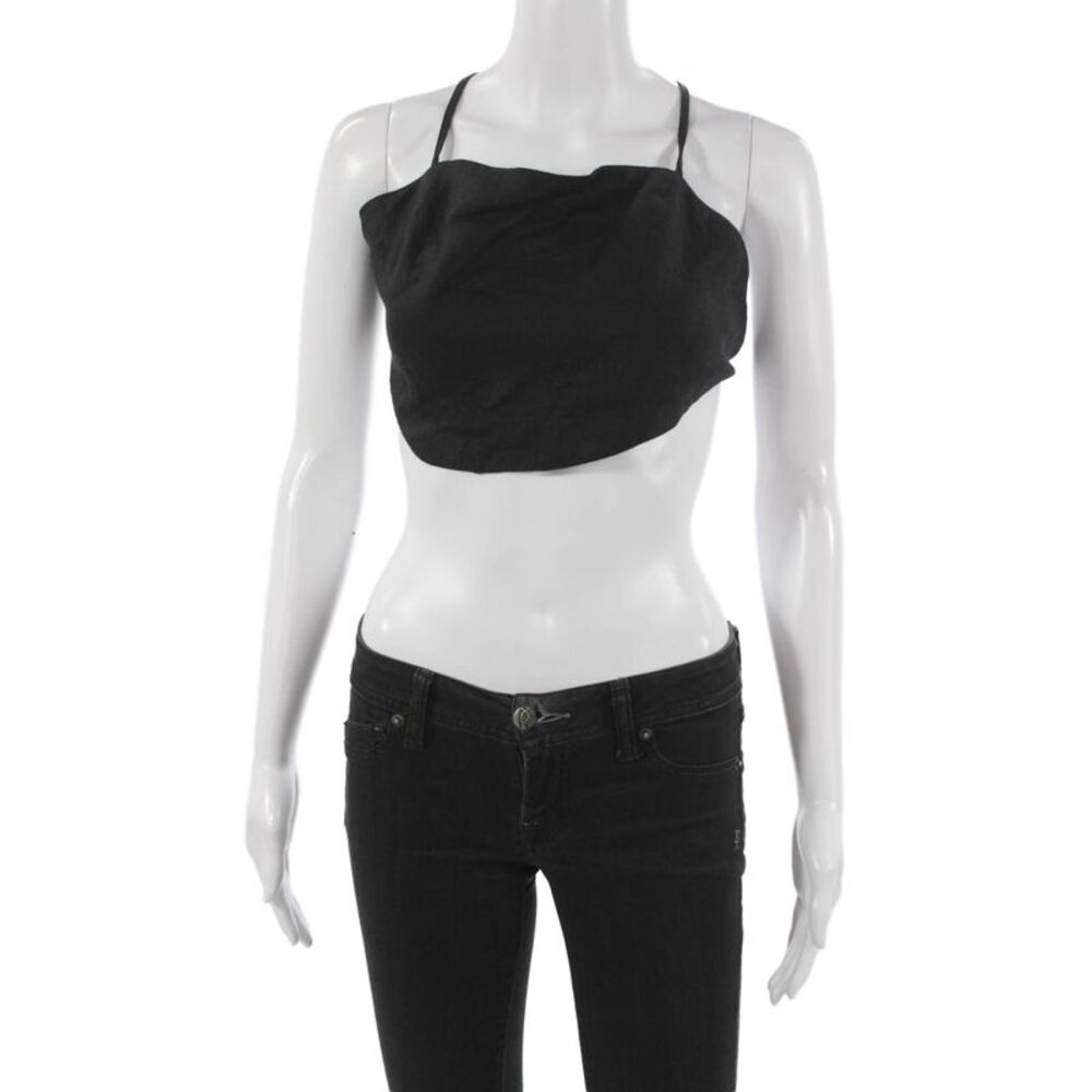 Hevron Women Cropped Halter Tank Black Linen Sleeveless Summer Size S